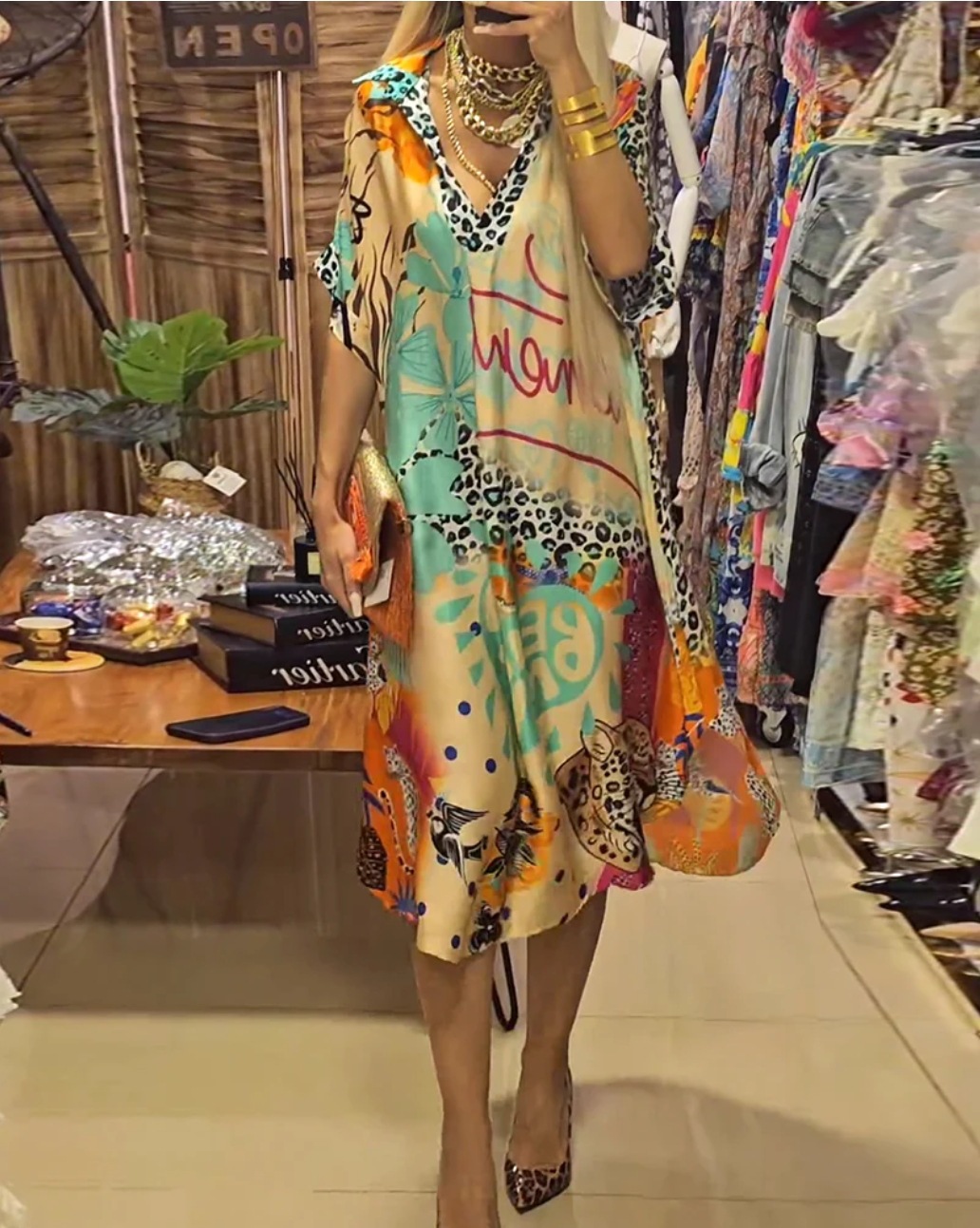 Casual Leopard Colorful Print Deep V Dress