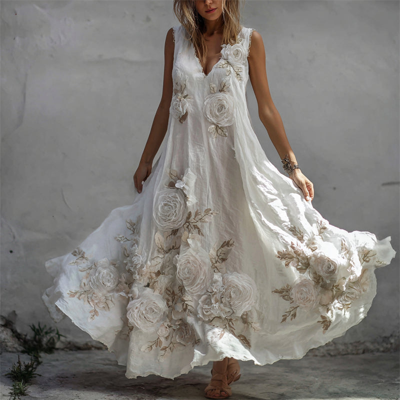 Sukienka maxi z lnu w stylu vintage z białymi różami i wzorem włókienniczym