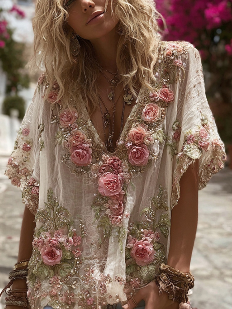 Vintage Pink Rose Embroidery Linen Short Sleeve T-shirt