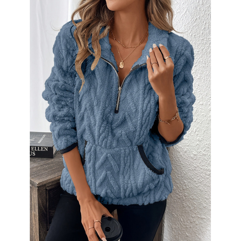 Contrast color half-open collar plush sweatshirt