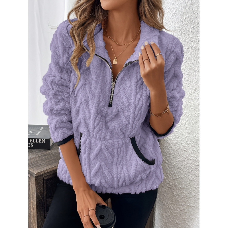 Contrast color half-open collar plush sweatshirt