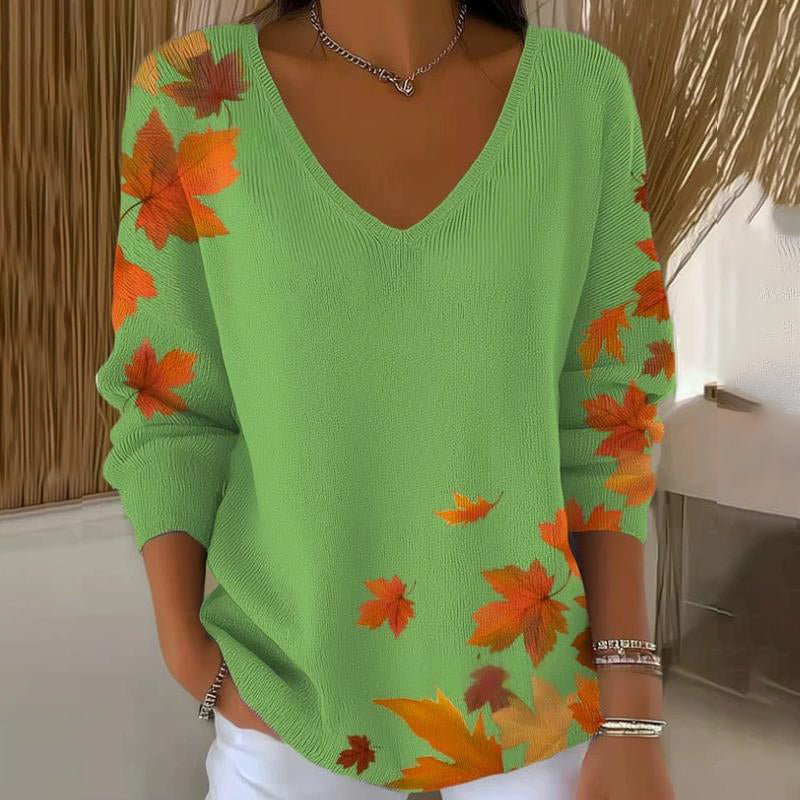 Long-sleeved V-neck top with print