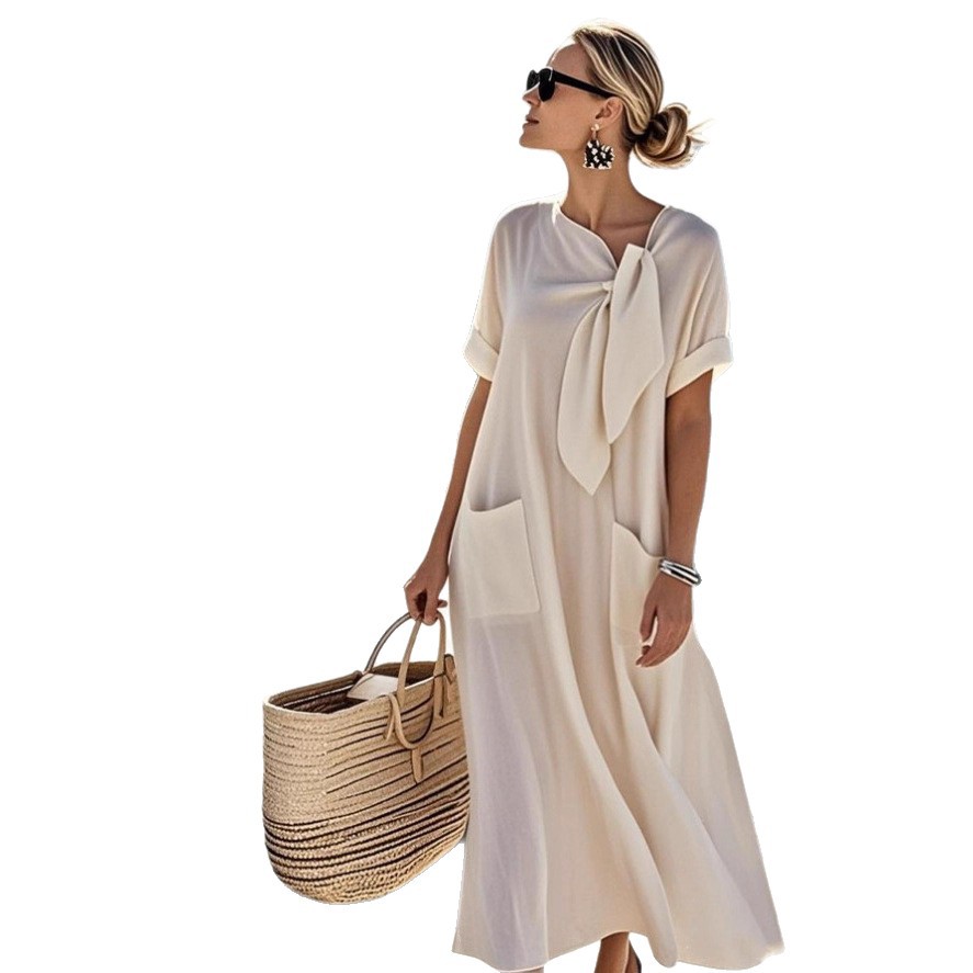 Spódnica z krótkim rękawem i kieszenią kokardkową, luźna i długa