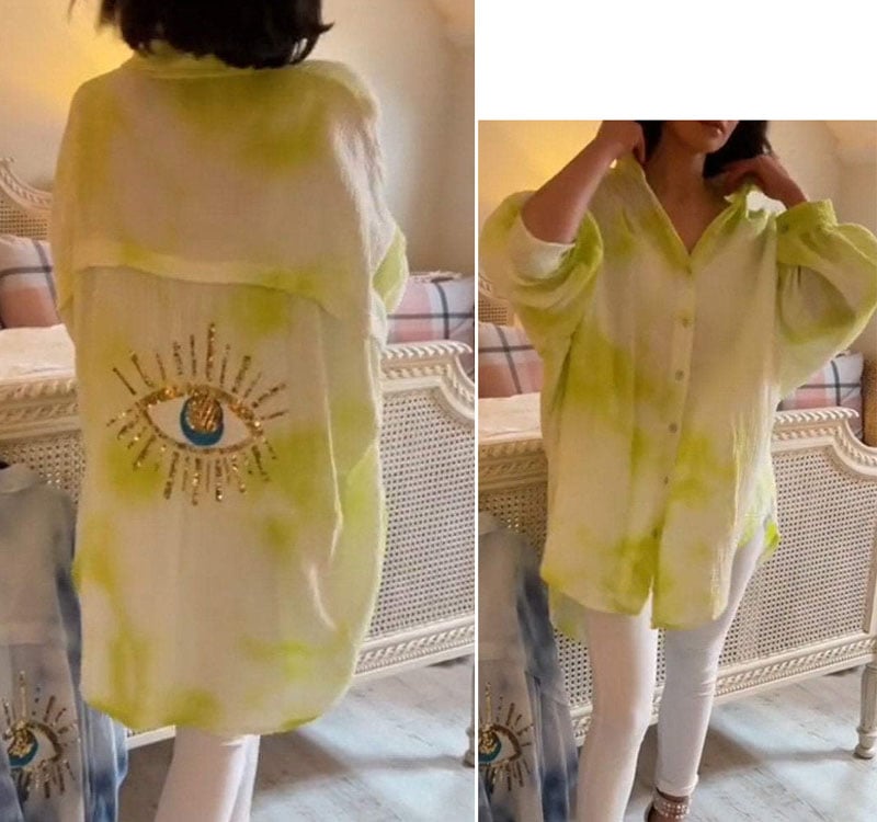 Koszula tie-dye z cekinami i motywem złego oka