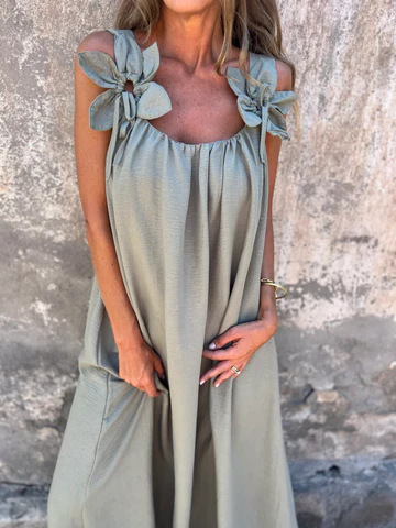 ?Sukienka damska w jednolitym kolorze z kwiatowym wzorem i dekoltem w kształcie litery U