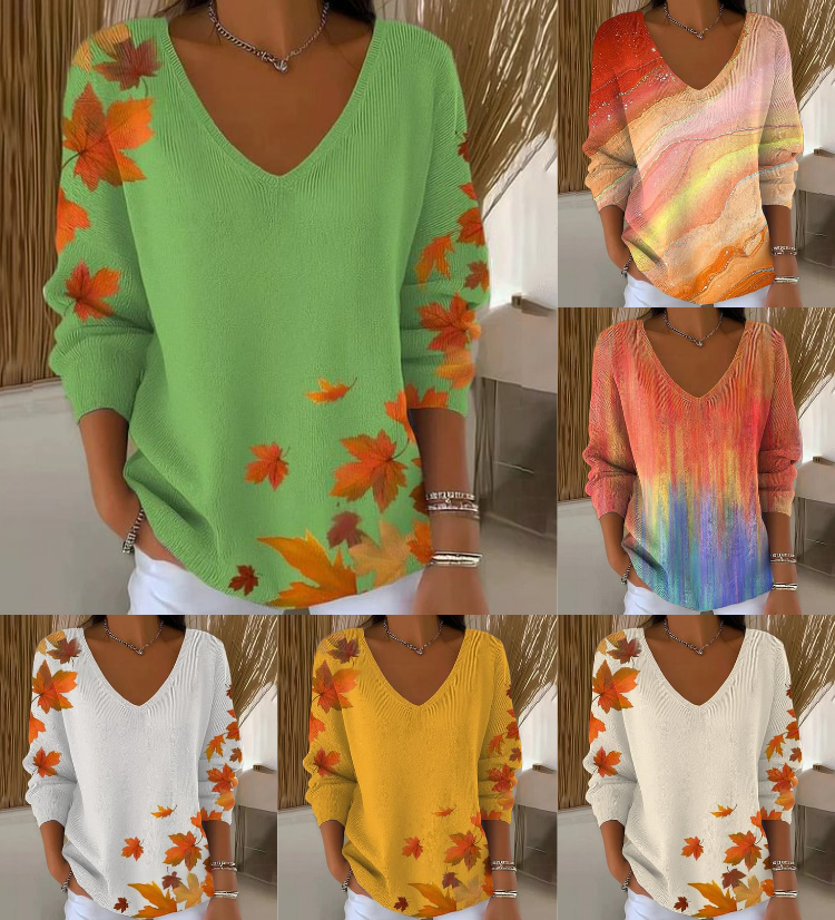 Long-sleeved V-neck top with print