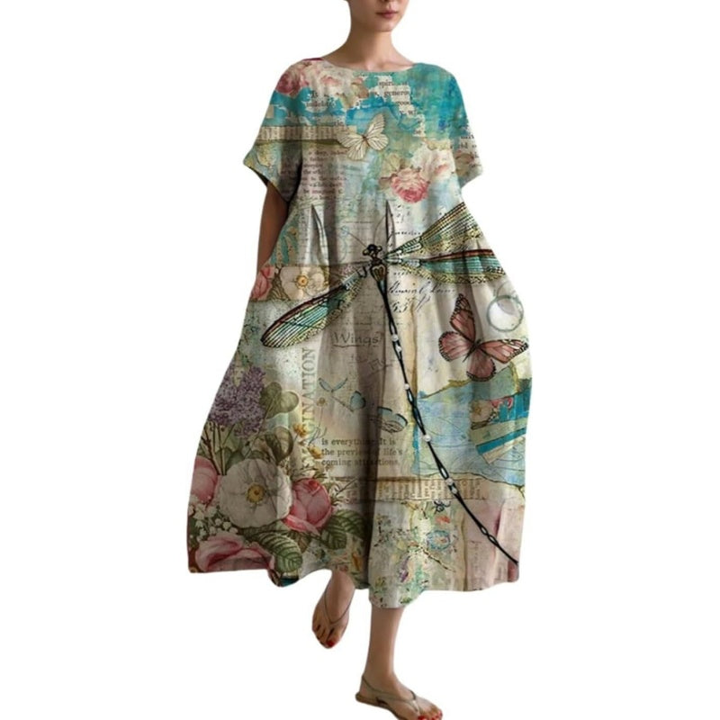Damska sukienka z krótkim rękawem i nadrukiem, swobodna i wygodna