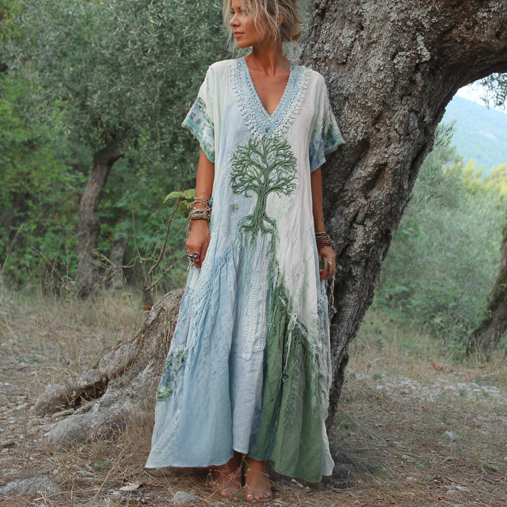 Women's Retro Tree Of Life Art Patchwork Short Sleeve Dress