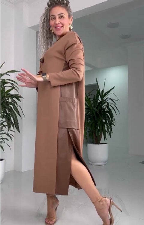 Damska swobodna luźna skórzana sukienka z kieszeniami