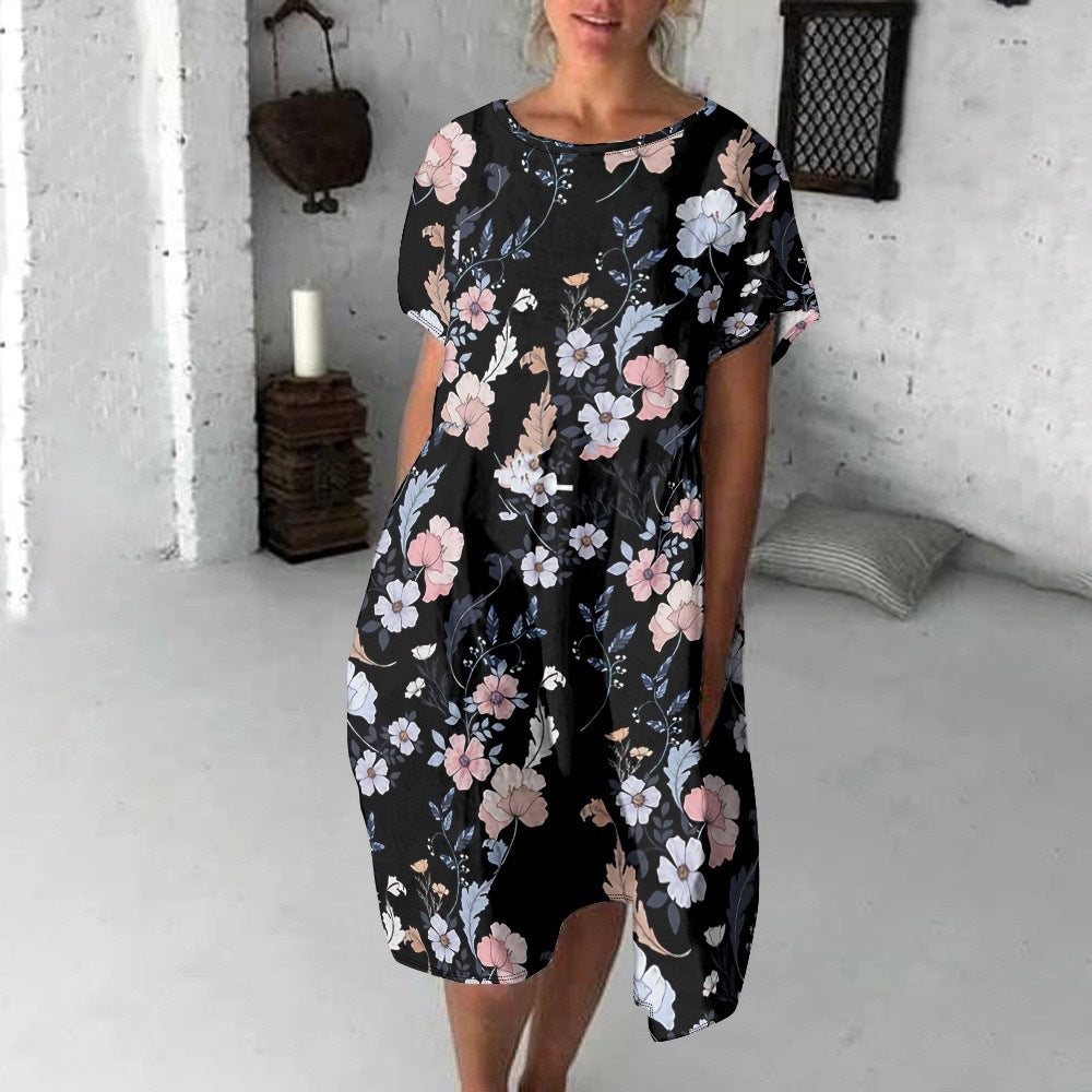 Damska sukienka z krótkim rękawem i nadrukiem, swobodna i wygodna