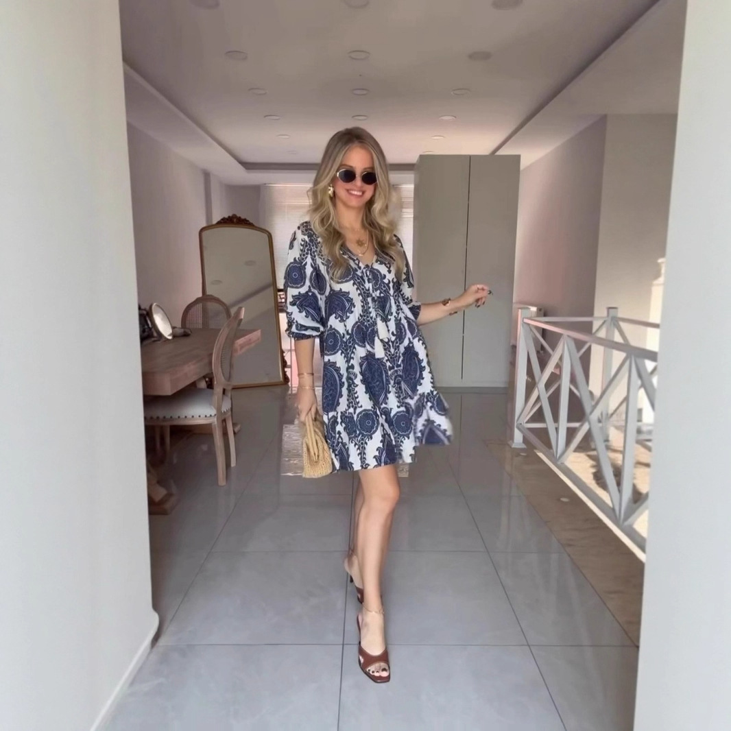 Printed V-neck ethnic pattern dress