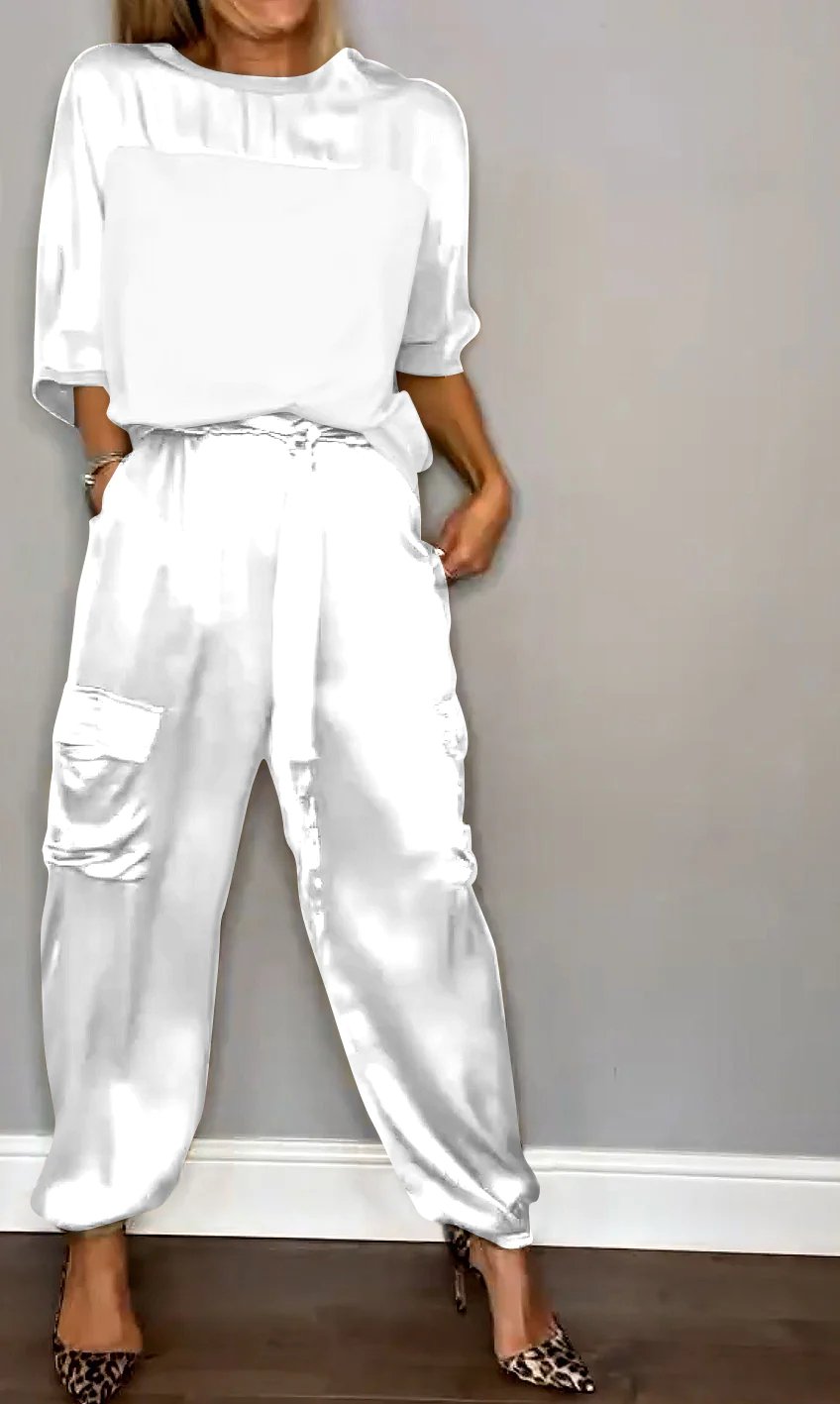?Smooth Satin Half-sleeved Top and Pants Set?