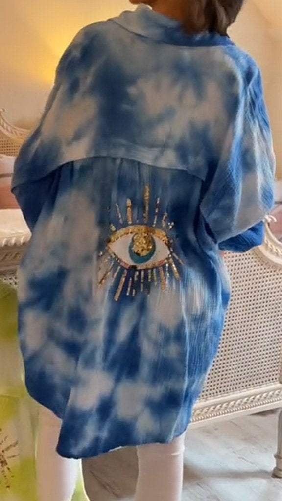 Koszula tie-dye z cekinami i motywem złego oka