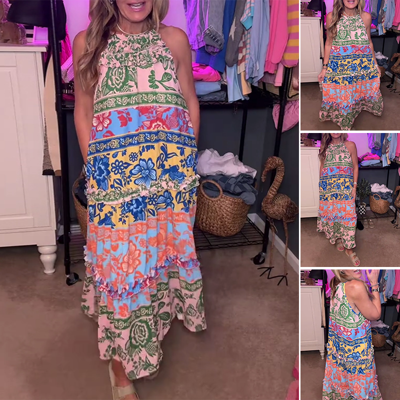 Sukienka bez rękawów z kwiatowym nadrukiem i panelami