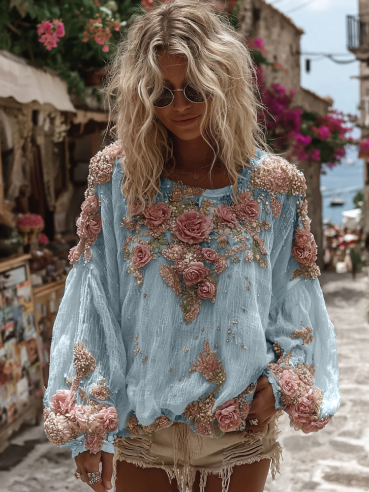 Women's Vintage Pink Rose Embroidery Casual Crew Neck Shirt