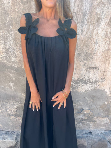 ?Sukienka damska w jednolitym kolorze z kwiatowym wzorem i dekoltem w kształcie litery U