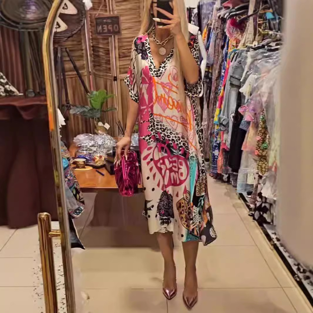 Casual Leopard Colorful Print Deep V Dress