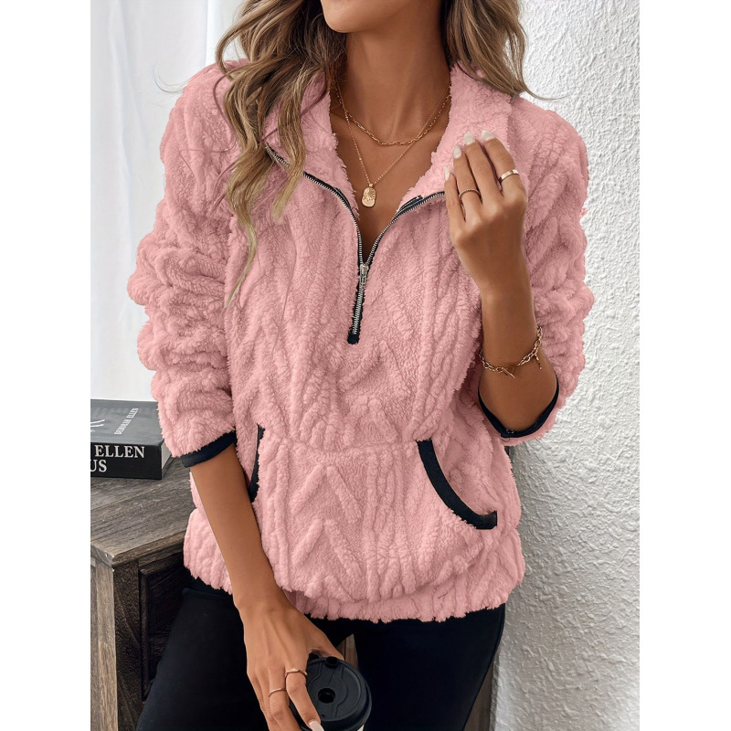 Contrast color half-open collar plush sweatshirt