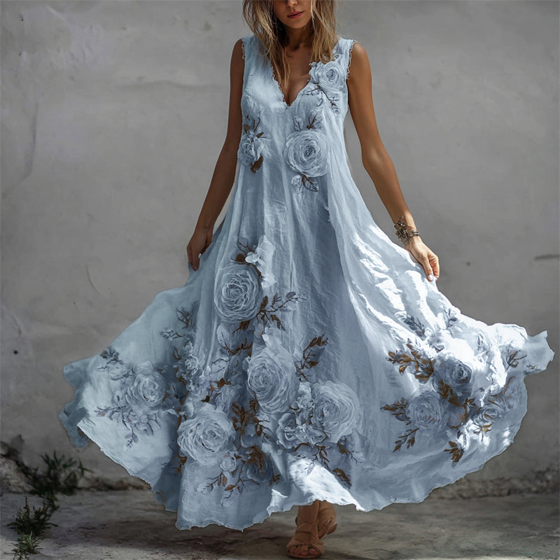 Sukienka maxi z lnu w stylu vintage z białymi różami i wzorem włókienniczym