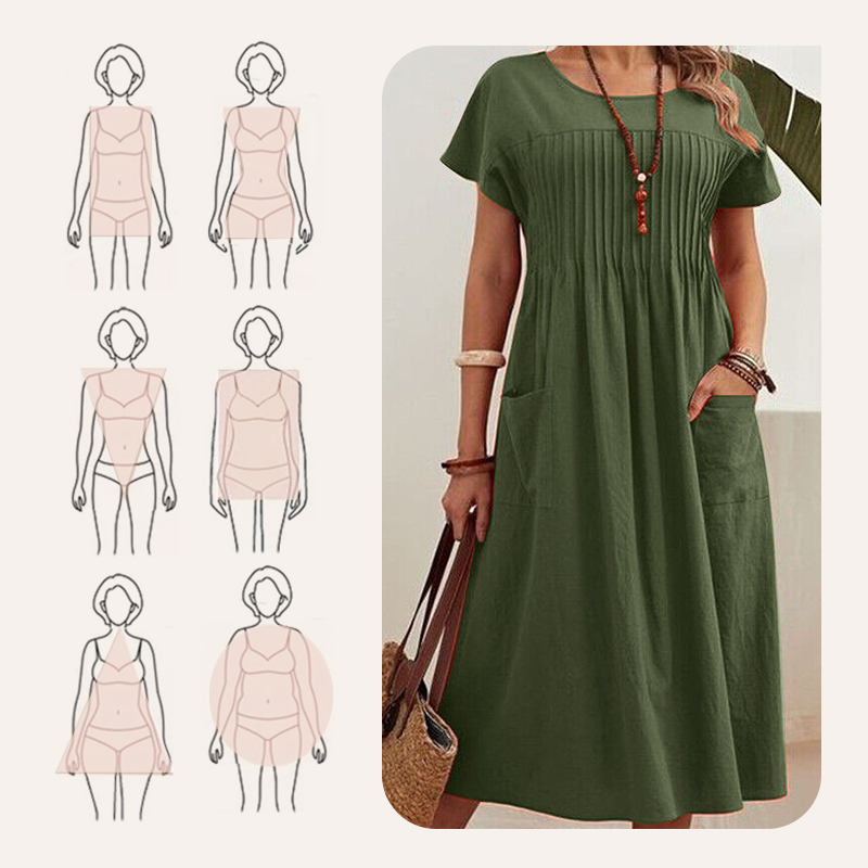 ?Damska sukienka plisowana z krótkim rękawem i kieszeniami?