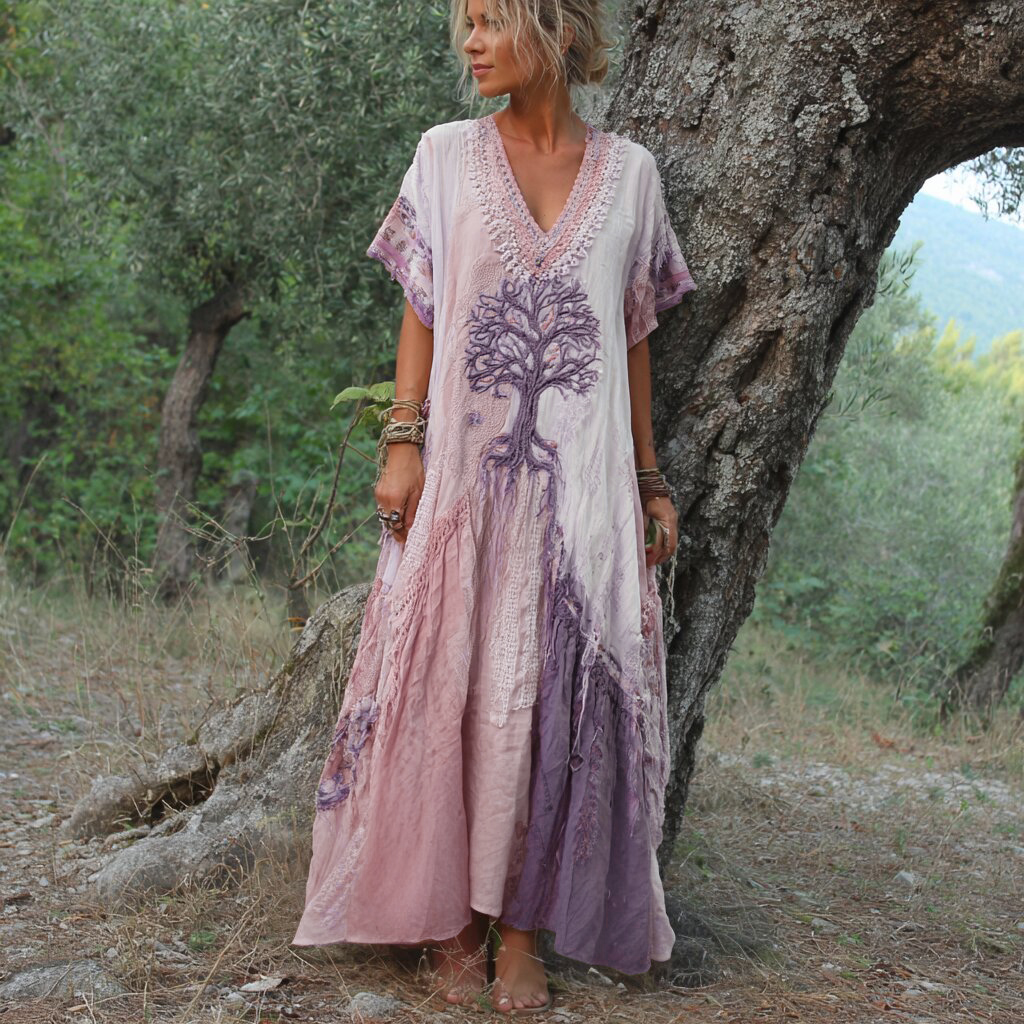 Women's Retro Tree Of Life Art Patchwork Short Sleeve Dress