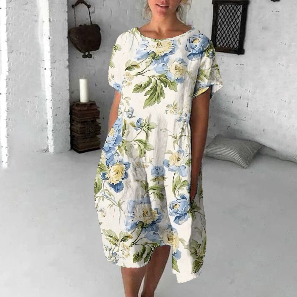 Damska sukienka z krótkim rękawem i nadrukiem, swobodna i wygodna