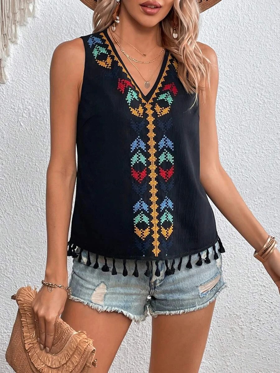 Summer V-neck embroidered style patchwork hem fur vest