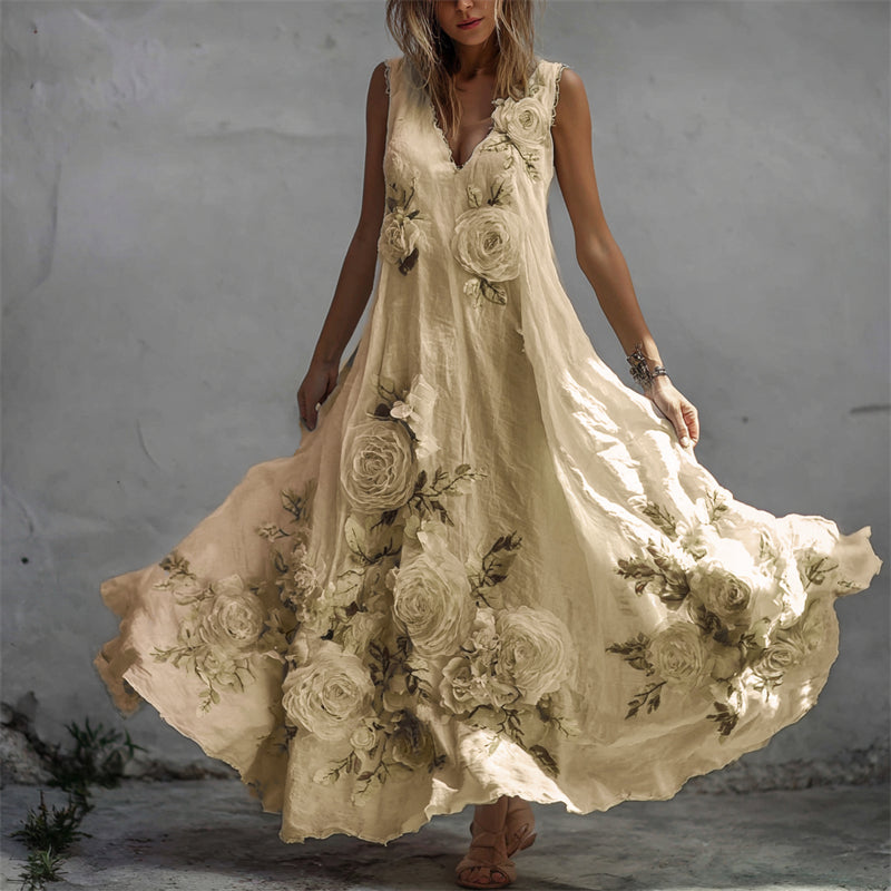 Sukienka maxi z lnu w stylu vintage z białymi różami i wzorem włókienniczym