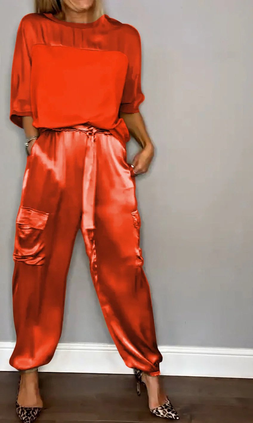 ?Smooth Satin Half-sleeved Top and Pants Set?