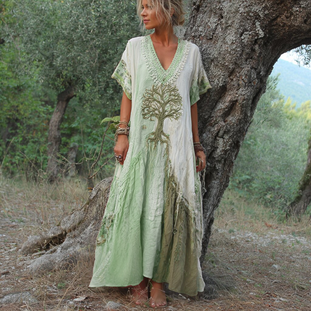 Women's Retro Tree Of Life Art Patchwork Short Sleeve Dress